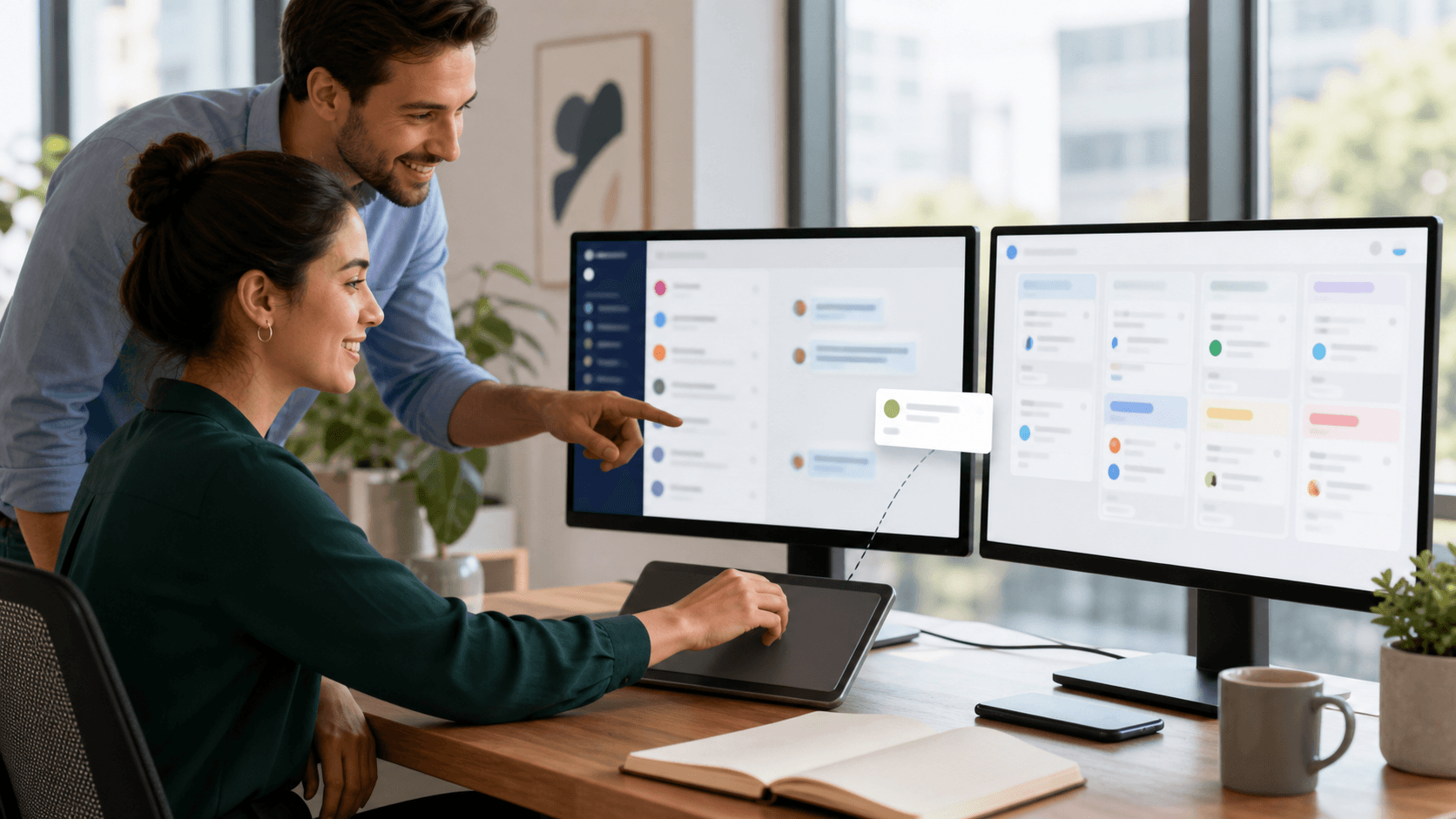 Blue-and-white illustration of a paper plane and chat bubbles flowing into a CRM dashboard on a laptop screen.