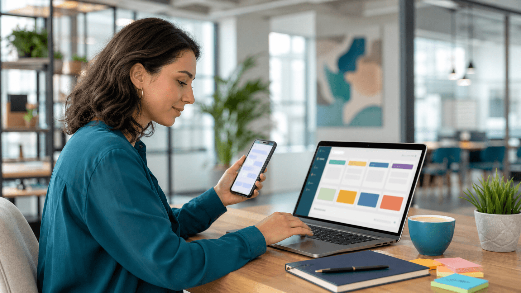 Split-screen illustration of Telegram chat bubbles beside Notion and Airtable icons on a blue desk, soft light.